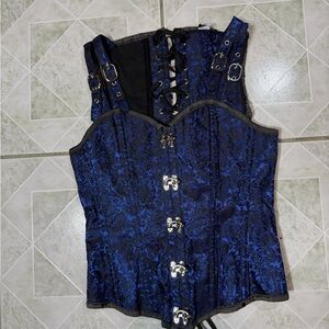 Elegant Blue Brocade Corset with Buckle Accents